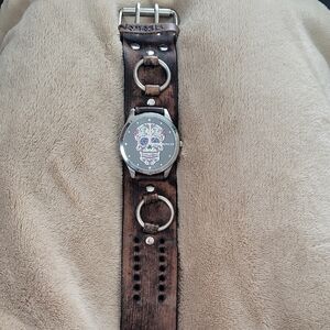 Nemesis Brown Leather Skull Watch